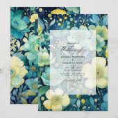 Hochzeit von Grün, Marine, Blautönen und Gold-Blum Einladung (Vorne/Hinten)