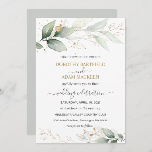 Hochzeit von Grün und Gold Einladung (Vorne/Hinten)