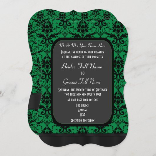 Hochzeit von grünem und schwarzem Damast Einladung (Vorne/Hinten)