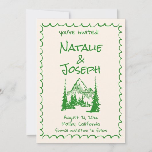 Hochzeit von Hand Drawn Cream Green Boho Mountain Save The Date (Vorderseite)