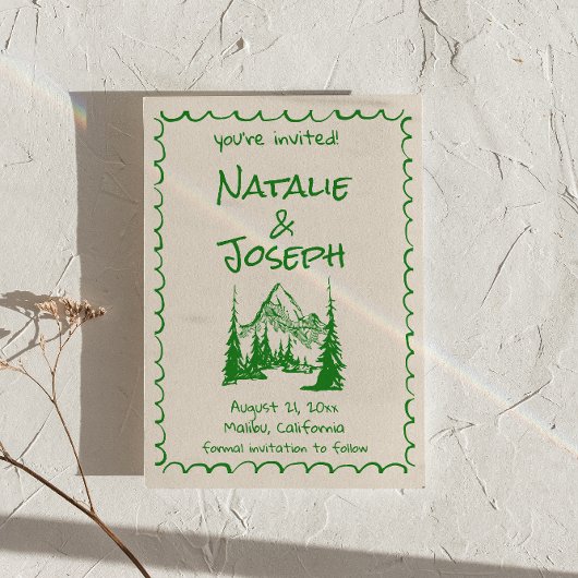 Hochzeit von Hand Drawn Cream Green Boho Mountain Save The Date