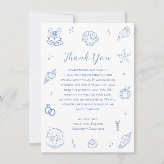 Hochzeit von Hand Drawn Dusty Blue Coastal Beach Dankeskarte (Vorderseite)