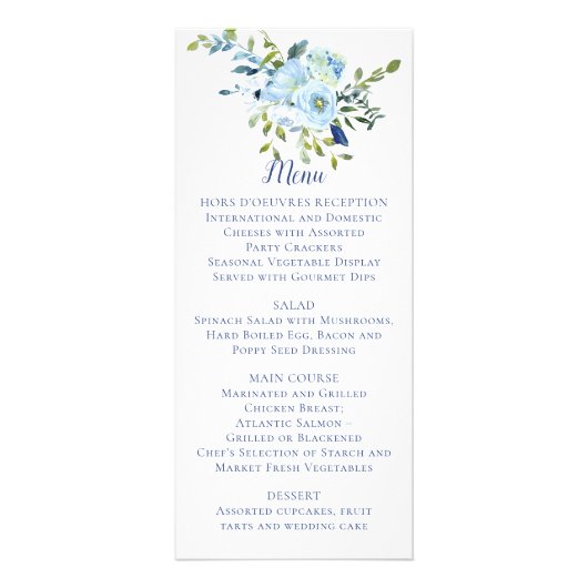 Hochzeit von hellblauen und marinen Blumen | Menü (Vorne)