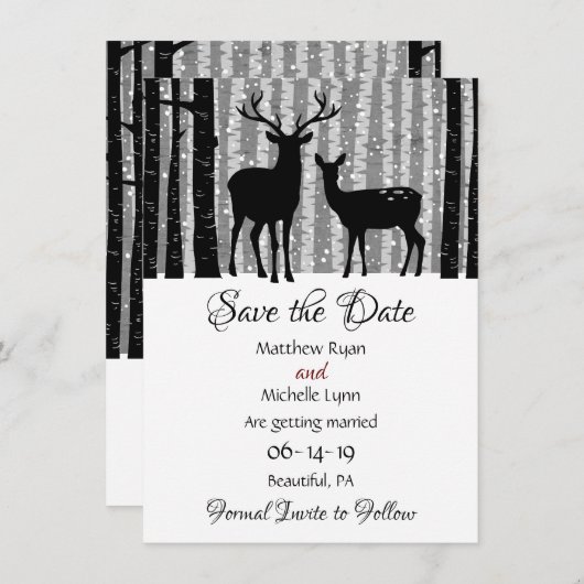 Hochzeit von Hirsch und Bäumen im rustikalen Winte Save The Date (Vorne/Hinten)