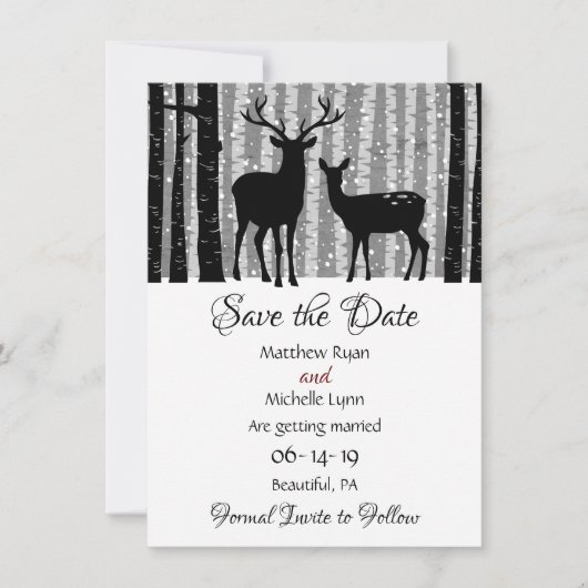 Hochzeit von Hirsch und Bäumen im rustikalen Winte Save The Date (Vorderseite)