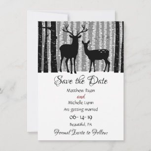 Hochzeit von Hirsch und Bäumen im rustikalen Winte Save The Date