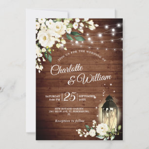 Hochzeit von Holz und Weißrosen und Lattern Einladung