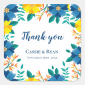 Hochzeit von hübsch-blau-gelben Blumen Vielen Dank Quadratischer Aufkleber (Vorderseite)