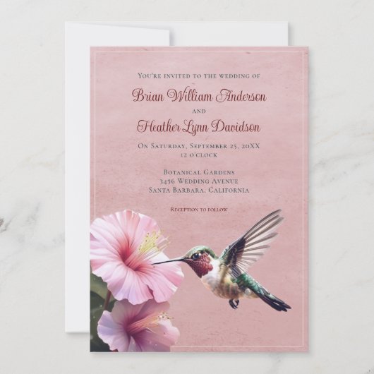 Hochzeit von Hummingvogel und Hibiskus | Pink Einladung (Vorderseite)