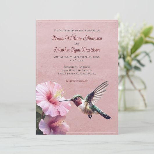Hochzeit von Hummingvogel und Hibiskus | Pink Einladung (Stehend Vorderseite)