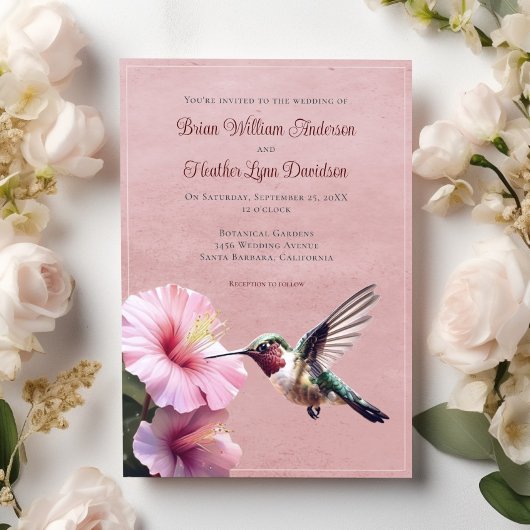 Hochzeit von Hummingvogel und Hibiskus | Pink Einladung