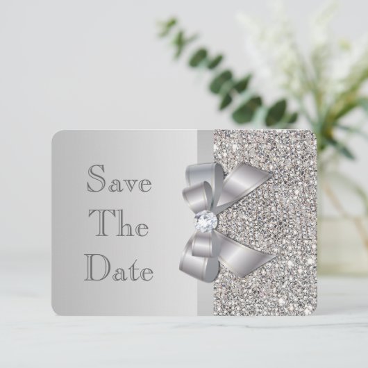 Hochzeit von Imitaten Silver Sequins Bow Save the  Date (Stehend Vorderseite)
