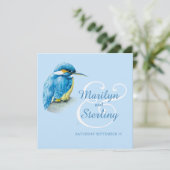 Hochzeit von Kingfisher-Vogel, blau und weiß Einladung (Stehend Vorderseite)