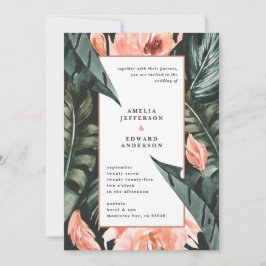 Hochzeit von korallenrosa und tropischem Blattwerk