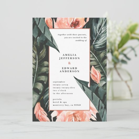 Hochzeit von korallenrosa und tropischem Blattwerk (Stehend Vorderseite)