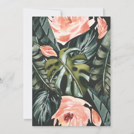 Hochzeit von korallenrosa und tropischem Blattwerk (Rückseite)