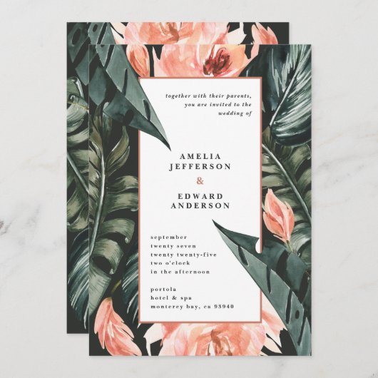 Hochzeit von korallenrosa und tropischem Blattwerk (Vorne/Hinten)