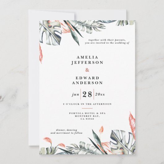 Hochzeit von korallenrosa und tropischem Blattwerk (Vorderseite)