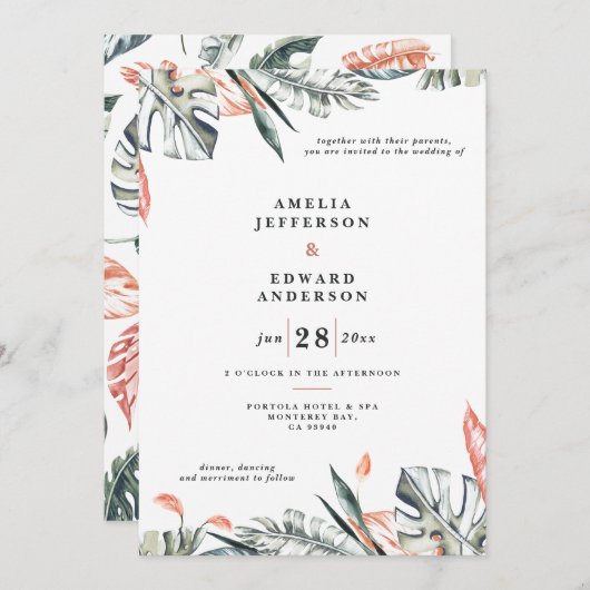 Hochzeit von korallenrosa und tropischem Blattwerk (Vorne/Hinten)