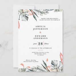 Hochzeit von korallenrosa und tropischem Blattwerk