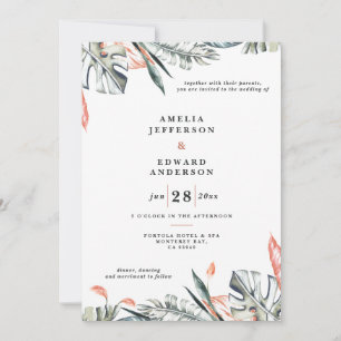 Hochzeit von korallenrosa und tropischem Blattwerk