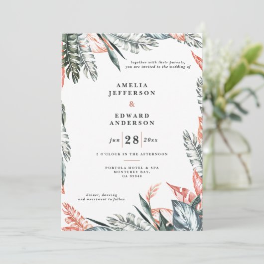 Hochzeit von korallenrosa und tropischem Blattwerk (Stehend Vorderseite)