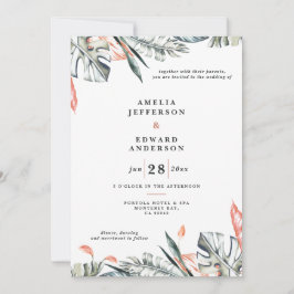 Hochzeit von korallenrosa und tropischem Blattwerk