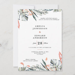 Hochzeit von korallenrosa und tropischem Blattwerk