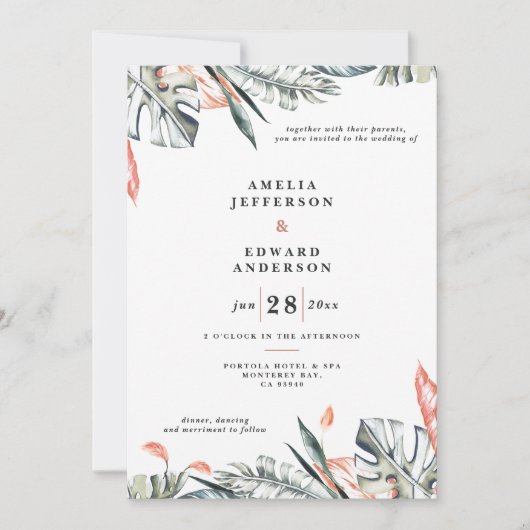 Hochzeit von korallenrosa und tropischem Blattwerk (Vorderseite)