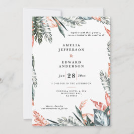 Hochzeit von korallenrosa und tropischem Blattwerk