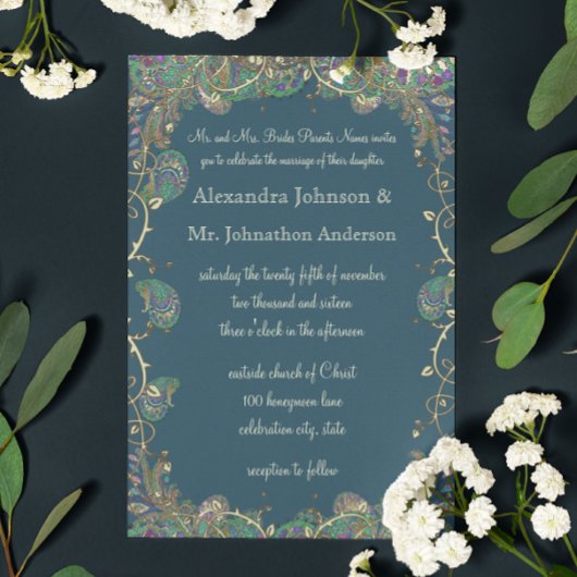 Hochzeit von Kupfer und grünem Paisley Peacock Einladung