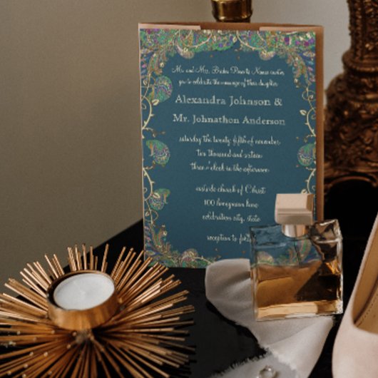 Hochzeit von Kupfer und grünem Paisley Peacock Einladung