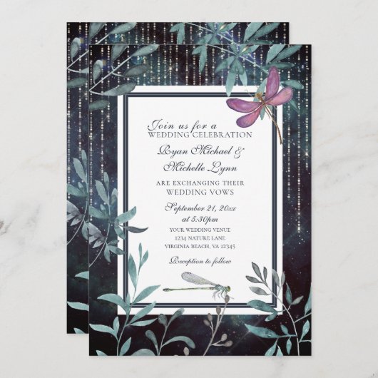 Hochzeit von Libellen und Lichtern Abend Garden Einladung (Vorne/Hinten)