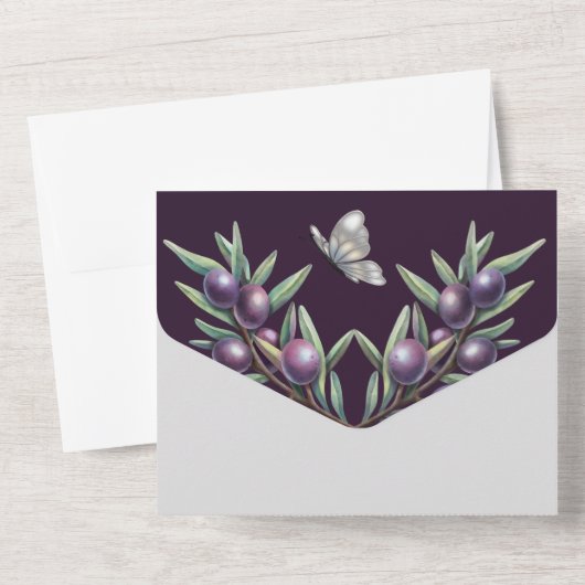 Hochzeit von lila Grauolivenschmetterling All In One Einladung (Rückseite)