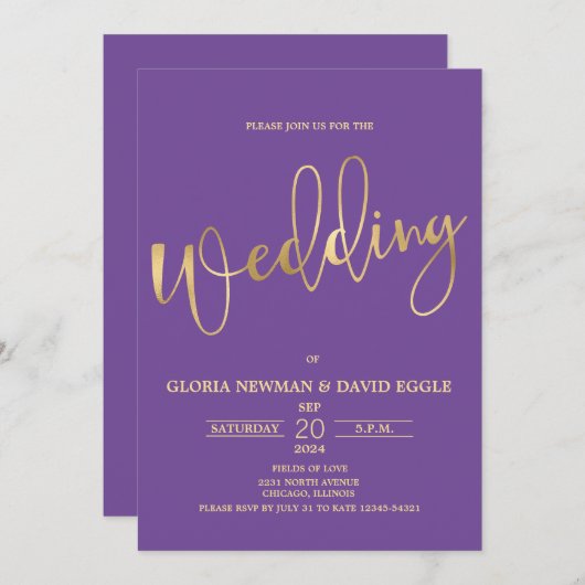 Hochzeit von lila und Gold Scripture QR Code Einladung (Vorne/Hinten)