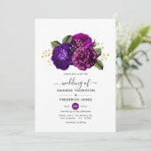 Hochzeit von Lila und goldenen Blumen Einladung (Stehend Vorderseite)