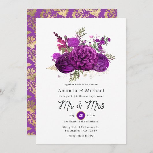 Hochzeit von Lila und goldenen Blumen Einladung (Vorne/Hinten)