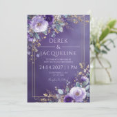 Hochzeit von lila und Goldfloralen Einladung (Stehend Vorderseite)