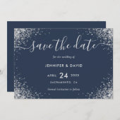 Hochzeit von Luxury Navy Blue und Silver Glitzer Save The Date (Vorne/Hinten)