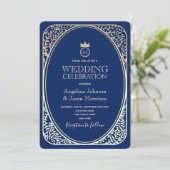 Hochzeit von Luxury Navy Gold Monogram Einladung (Stehend Vorderseite)