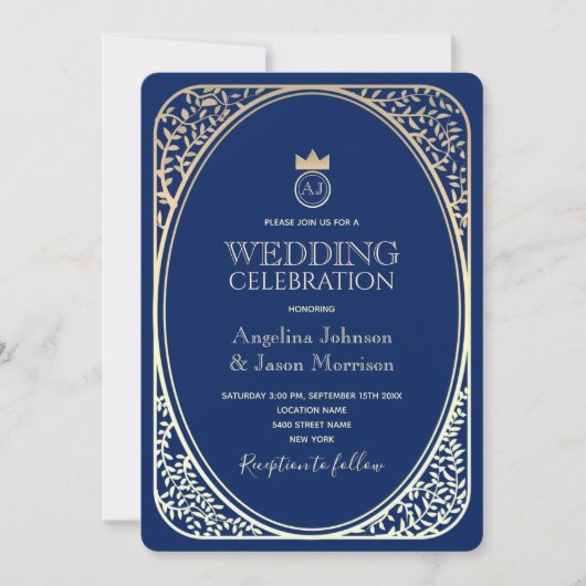 Hochzeit von Luxury Navy Gold Monogram Einladung (Vorderseite)