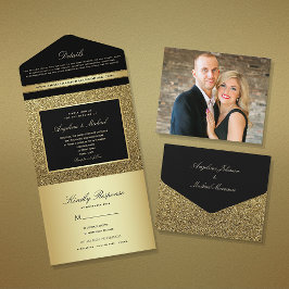 Hochzeit von Luxus-Black and Gold-Glitzer All In One Einladung