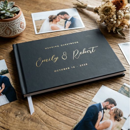 Hochzeit von Luxus Black and Gold Script Foto Gästebuch