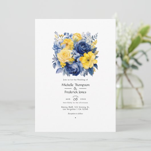 Hochzeit von Marine, Gelb und Blauer Flora Einladung (Stehend Vorderseite)