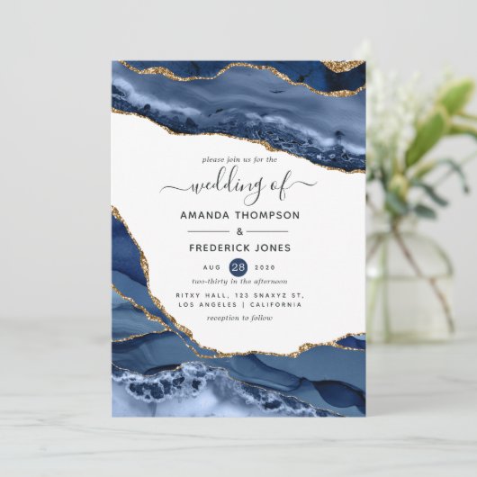 Hochzeit von Marine und Gold Agate Einladung (Stehend Vorderseite)