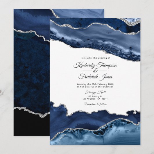 Hochzeit von Marine und Silver Agate Einladung (Vorne/Hinten)