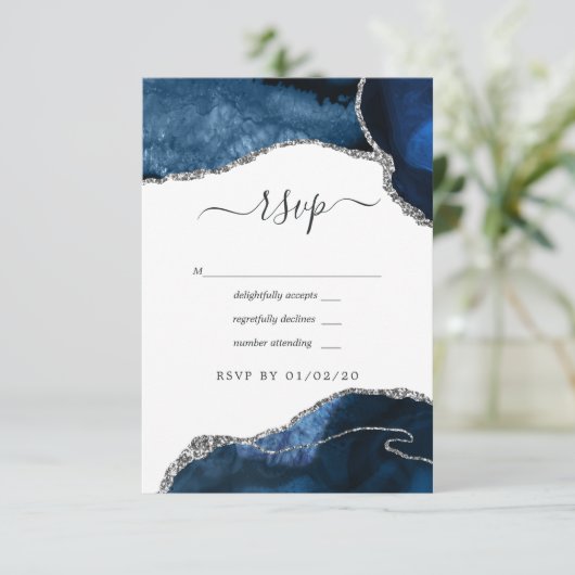 Hochzeit von Marine und Silver Agate RSVP Karte (Stehend Vorderseite)