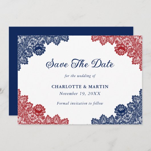 Hochzeit von marineblau und rot-rustikal-blumenges save the date (Vorne/Hinten)