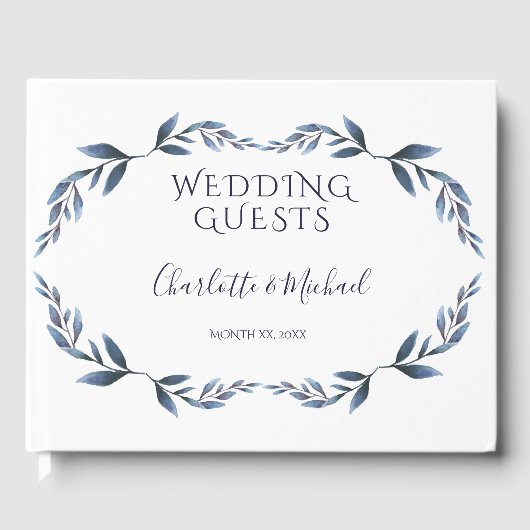 Hochzeit von Marineblau und Weißblättern Gästebuch (Vorderseite)