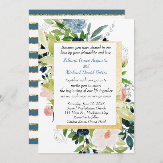 Hochzeit von Marinepfirsichen und Goldflora Einladung (Vorne/Hinten)